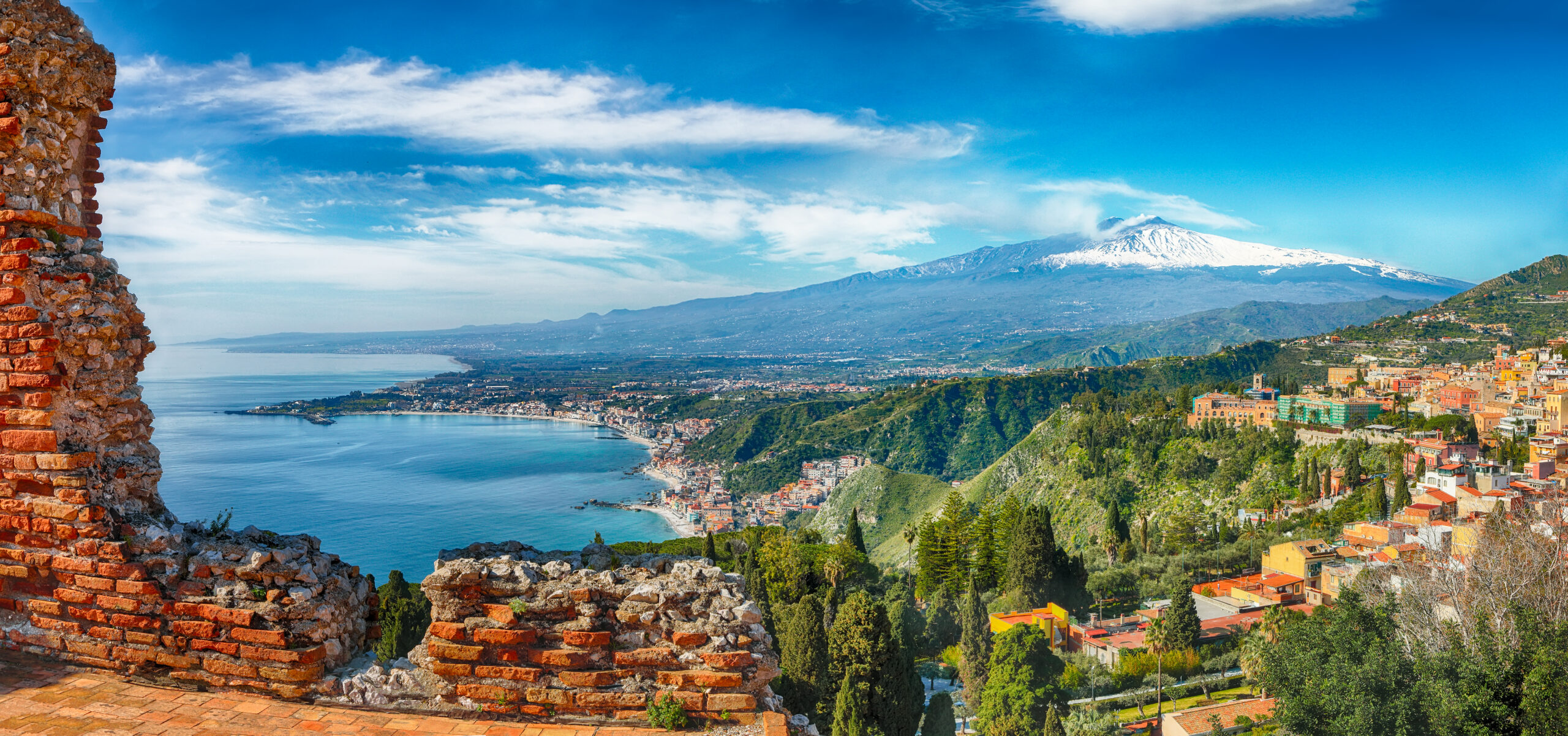 Sicily Taormina sea view greek theatre Etna volcano